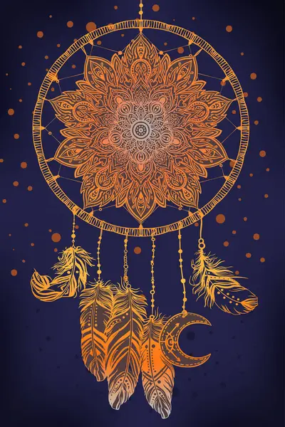 Talisman Amérindien Dessiné Main Attrape Rêves Avec Des Plumes Lune — Image vectorielle