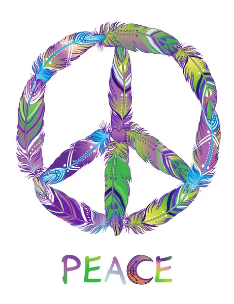 Vredesbord Gemaakt Van Gekleurde Vogelveren Hippie Symbool Zestig Boho Stijl — Stockvector