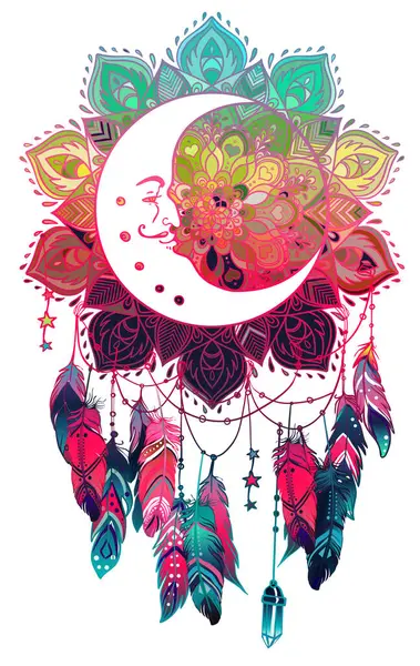 Ręcznie Rysowane Dreamcatcher Talizman Native American Indian Piór Księżyc Hipster — Wektor stockowy