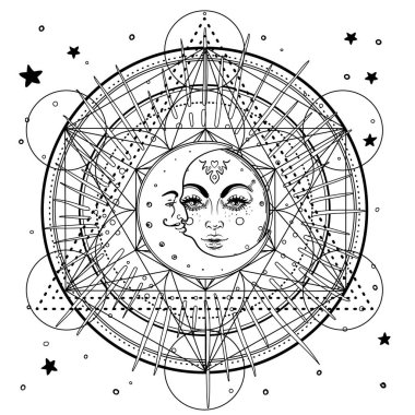 Metatron Küpü. Ay putperest ay tanrıçası sembolü. Üç yüzlü Tanrıça, Bakire, Anne, Kocakarı izole edilmiş vektör çizimi. Dövme, astroloji, simya, boho ve sihirli sembol. Boyama kitabı.