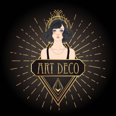 Art Deco vintage davetiye şablonu tasarımı ve desenler ve çerçeveler üzerinde flapper girl çizimi. 1920 'lerde Retro Party' nin arka planı belirlendi. Büyüleyici etkinlik için vektör, tematik düğün veya caz