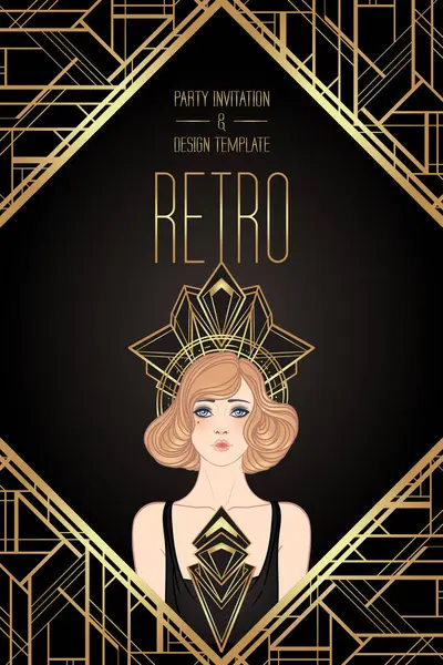 Art Deco Vintage Einladungsschablone Design Mit Illustration Von Flapper Girl — Stockvektor
