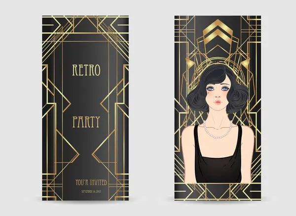 Art Deco Vintage Wzór Zaproszenia Projekt Ilustracją Klapki Dziewczyna Wzory — Wektor stockowy