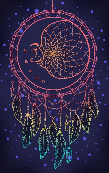 手描きアメリカ先住民のタリスマン夢のキャッチャーと羽と月 ダークブルーで隔離されたベクトルヒップスターイラスト エスニックデザイン ブーホーシック 部族シンボル 大人のための着色の本 — ストックベクタ