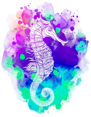 Renkli deniz atı, dekoratif geometrik vektör çizimi suluboya arkaplan üzerinde izole beyaz