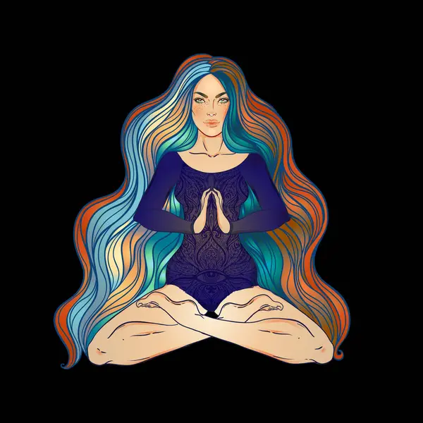Beautiful Girl Sitting Lotus Position Ornate Colorful Neon Background Vector — Stock Vector