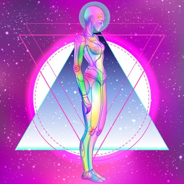 Robot android kadın portresi. Geçmişe dönük fütürizm tarzında. Vektör çizimi. Parlak neon renkli bir sayborgun resmi. Fütürist sentetik el ilanı şablonu. Siber teknoloji.