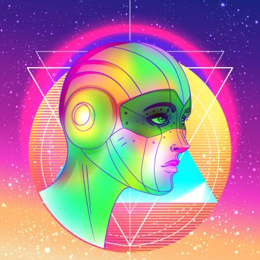 Robot android kadın portresi. Geçmişe dönük fütürizm tarzında. Vektör çizimi. Parlak neon renkli bir sayborgun resmi. Fütürist sentetik el ilanı şablonu. Siber teknoloji.