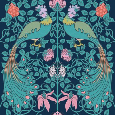 Çiçeksiz, dikdörtgen, eskimiş duvar kağıtları için ince zeka kuşları. Büyülü Vintage Çiçekleri. Sanat ve el sanatları hareketi ilham verici. Ambalaj kağıdı, duvar kağıdı, kumaş ve moda kıyafetleri için tasarım.