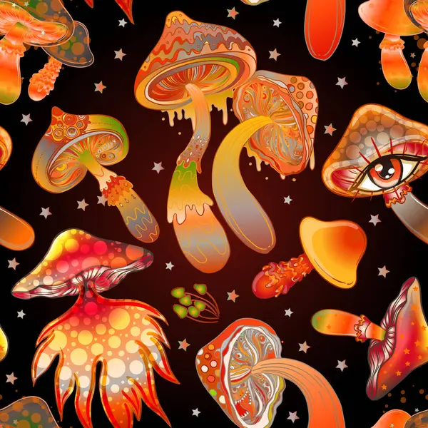 Funghi Magici Allucinazioni Psichedeliche Vibrante Illustrazione Vettoriale Hippie Sfondo Colorato Grafiche Vettoriali