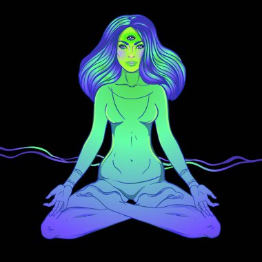 Süslü neon arka planda lotus pozisyonunda oturan güzel kız. Vektör çizimi. Psikedelik kompozisyon. Budizm esrarengiz motifleri. Dövme, ruhani yoga..