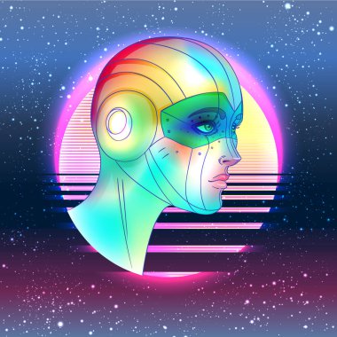 Robot android kadın portresi. Geçmişe dönük fütürizm tarzında. Vektör çizimi. Parlak neon renkli bir sayborgun resmi. Fütürist sentetik el ilanı şablonu. Siber teknoloji.