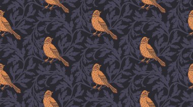 Çiçek çelengi ve eski duvar kağıtları için kuşların olduğu klasik, dikişsiz desen. Büyülü Vintage Çiçekleri. Sanat ve el sanatları hareketi ilham verici. Ambalaj kağıdı, duvar kağıdı, kumaş ve