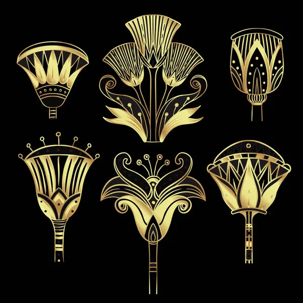 埃及花卉设计元素设置在黄金隔离的白色 装饰艺术风格 矢量符号 标识插图 神秘主义 免版税图库矢量图片