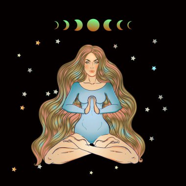 Süslü neon arka planda lotus pozisyonunda oturan güzel kız. Vektör çizimi. Psikedelik kompozisyon. Budizm esrarengiz motifleri. Dövme, ruhani yoga..