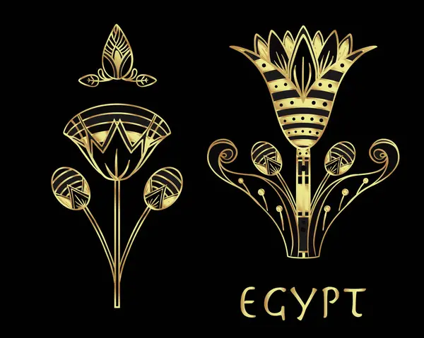 埃及花卉设计元素设置在黄金隔离的白色 装饰艺术风格 矢量符号 标识插图 神秘主义 矢量图形