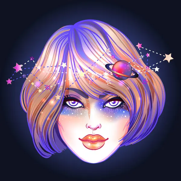Cute Teen Dziewczyna Galaxy Makijaż Farbowane Włosy Fioletowy Gwiazdy Konstelacje — Wektor stockowy