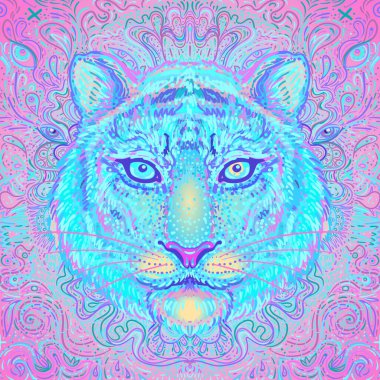 Süslü kaplan kafası. Afrikalı, Hintli, totem, dövme, çıkartma tasarımı. Tişört tasarımı, çanta, kartpostal ve posterler. Parlak neon renklerle izole edilmiş vektör illüstrasyonu.