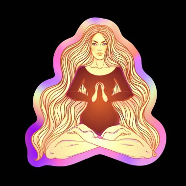Süslü neon arka planda lotus pozisyonunda oturan güzel kız. Vektör çizimi. Psikedelik kompozisyon. Budizm esrarengiz motifleri. Dövme, ruhani yoga..