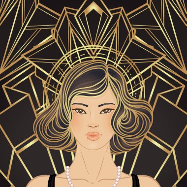 Retro moda, yirmili yaşlardaki çekici kız. Asyalı güzel kadın. Vektör çizimi. Flapper 20 tarzı. Klasik parti davetiye tasarım şablonu. Süslü Asyalı kadın..