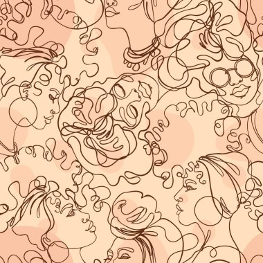 Modern basit stilde soyut, pürüzsüz desen. Kadın yüzleri. Bir çizgi. Ambalaj kağıdı, duvar kağıdı, kumaş ve moda kıyafetleri için tasarım.
