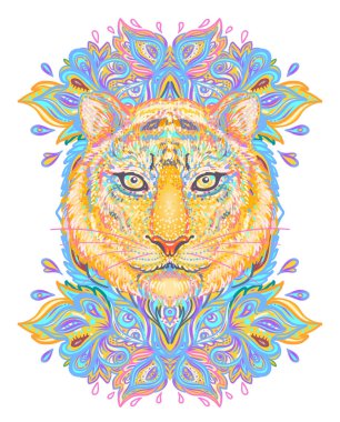 Süslü kaplan kafası. Afrikalı, Hintli, totem, dövme, çıkartma tasarımı. Tişört tasarımı, çanta, kartpostal ve posterler. Parlak neon renklerle izole edilmiş vektör illüstrasyonu.
