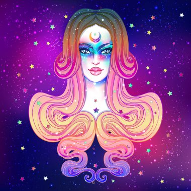 Galaxy ile sevimli genç kız makyaj, boyalı mor saç ve yıldızlar, takımyıldızları. Art nouveau ve kawaii Gotik ilham. Yenilikçi, pastel goth, canlı renkler. Vektör zodyak çizim.