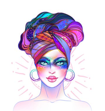 Gökada makyaj, yıldızlar, takımyıldızları ve kafasındaki türban ile sevimli genç kız. Yenilikçi, pastel goth, canlı renkler. Vektör zodyak çizim.