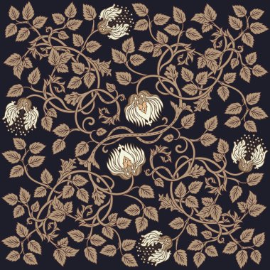 Çiçeksel, eski duvar kağıtları için dikişsiz desen. Büyülü Vintage Çiçekleri. William Morris ilham verdi. Sanat ve el sanatları hareketi ilham verici. Ambalaj kağıdı, duvar kağıdı, kumaş ve moda için tasarım