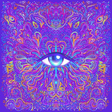 Kutsal geometri sembolü, her tarafı asit renkleriyle kaplı. Mistik, simya, okült konsept. Indie müzik kapağı için tasarım, tişört baskısı, saykodelik poster, el ilanı. Astroloji, ezoterik, din.