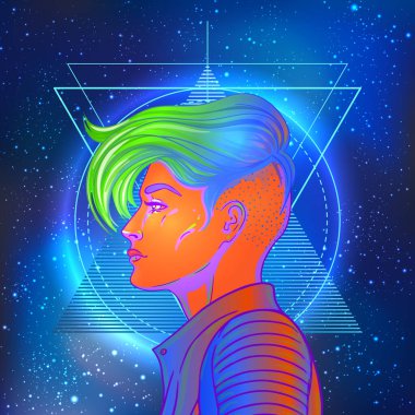 Geçmişe dönük kısa traşlı peri desenli, çift cinsiyetli genç bir kadının portresi. Neon renkli vektör illüstrasyonu. Boyalı kısa saç. Gelecekçi sentetik dalga el ilanı şablonu