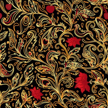 Fantezi çiçekli kusursuz desen, doğal duvar kağıdı, çiçek desenli kıvrım çizimi. Paisley el çizimi elementler. Ev dekoru.