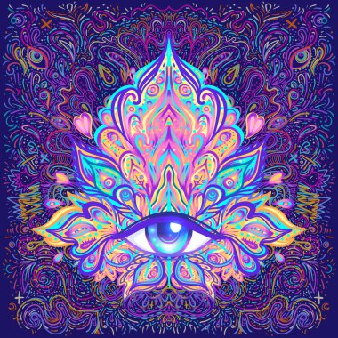 Kutsal geometri sembolü, her tarafı asit renkleriyle kaplı. Mistik, simya, okült konsept. Indie müzik kapağı için tasarım, tişört baskısı, saykodelik poster, el ilanı. Astroloji, ezoterik, din.