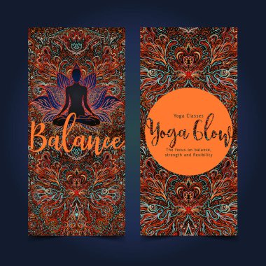 Streç ve gücü. Yoga kartı, el ilanı, afiş, mat tasarım. Ruhsal geri çekilme ya da yoga studio için renkli şablonu. Süs kartvizit, oryantal desen. Vektör çizim