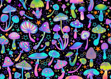 Sihirli mantarlar ve yıldızların pürüzsüz deseni. Psikedelik halüsinasyon. 60 'ların renkli hippi sanatı. Klasik saykodelik tekstil, kumaş, ambalaj kağıdı, duvar kağıdı. Gösterimi yineleyen vektör.
