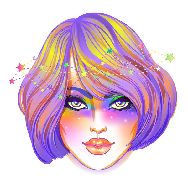 Симпатичная Девушка Подросток Галактикой Окрашенными Фиолетовыми Волосами Звездами Созвездиями Искусство Лицензионные Стоковые Иллюстрации