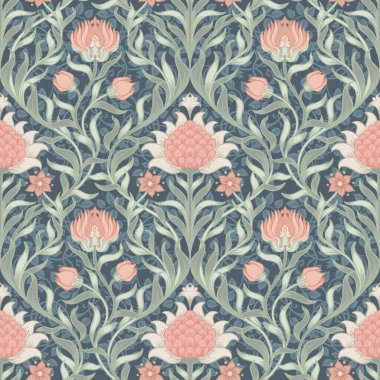 Çiçeksel, eski duvar kağıtları için dikişsiz desen. Büyülü Vintage Çiçekleri. Sanat ve el sanatları hareketi ilham verici. Ambalaj kağıdı, duvar kağıdı, kumaş ve moda kıyafetleri için tasarım.