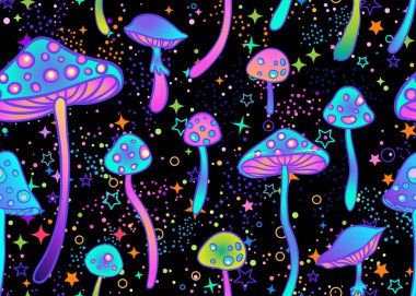 Sihirli mantarlar ve yıldızların pürüzsüz deseni. Psikedelik halüsinasyon. 60 'ların renkli hippi sanatı. Klasik saykodelik tekstil, kumaş, ambalaj kağıdı, duvar kağıdı. Gösterimi yineleyen vektör.