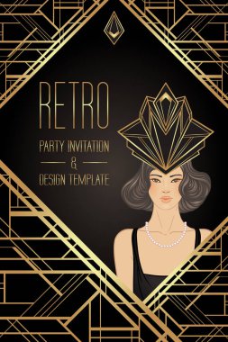 Retro moda, yirmili yaşlardaki çekici kız. Asyalı güzel kadın. Vektör çizimi. Flapper 20 tarzı. Klasik parti davetiye tasarım şablonu. Süslü Asyalı kadın..