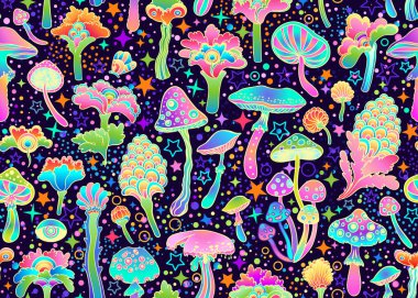 Sihirli mantarlar ve yıldızların pürüzsüz deseni. Psikedelik halüsinasyon. 60 'ların renkli hippi sanatı. Klasik saykodelik tekstil, kumaş, ambalaj kağıdı, duvar kağıdı. Gösterimi yineleyen vektör.