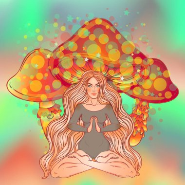 Meditating Girl sitting in lotus position over ornate colorful mandala background with mushrooms. Vector illustration. Psychedelic composition. Buddhism esoteric motifs. Tattoo, spiritual yoga.