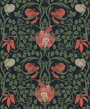 Çiçeksel, eski duvar kağıtları için dikişsiz desen. Büyülü Vintage Çiçekleri. Sanat ve el sanatları hareketi ilham verici. Ambalaj kağıdı, duvar kağıdı, kumaş ve moda kıyafetleri için tasarım.