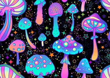 Sihirli mantarlar ve yıldızların pürüzsüz deseni. Psikedelik halüsinasyon. 60 'ların renkli hippi sanatı. Klasik saykodelik tekstil, kumaş, ambalaj kağıdı, duvar kağıdı. Gösterimi yineleyen vektör.