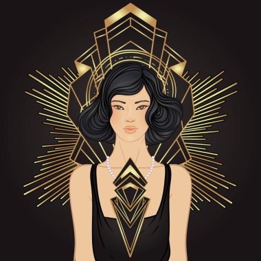 Retro moda, yirmili yaşlardaki çekici kız. Asyalı güzel kadın. Vektör çizimi. Flapper 20 tarzı. Klasik parti davetiye tasarım şablonu. Süslü Asyalı kadın..