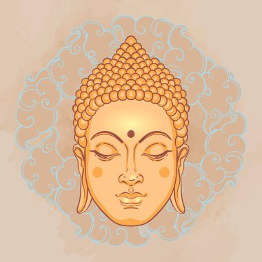 Buda 'nın yüzü mandala şeklinin üzerinde. Esrarengiz klasik vektör çizimi. Hint, Budizm, ruhani sanat. Hippi dövmesi, ruhanilik, Tayland tanrısı, yetişkinler için yoga zen boyama kitabı sayfaları.