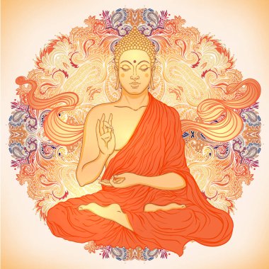 Oturan Buda, mandala yuvarlak desenini süslüyor. Esrarengiz klasik vektör çizimi. Hint, Budizm, ruhani sanat. Hippi dövmesi, ruhanilik, Tayland tanrısı, yetişkinler için yoga zen boyama kitabı sayfaları.