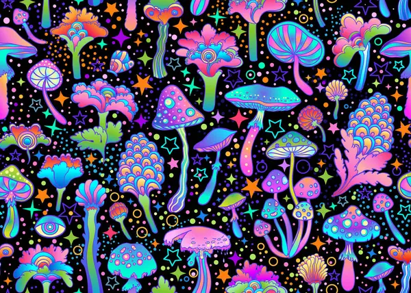 Cogumelos Mágicos Estrelas Sem Costura Padrão Alucinação Psicadélica Arte Colorida Gráficos De Vetores