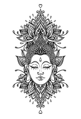 Süslü çiçekli vektör Buddha kafası, etnik sanat, Hint desenli şal desenli. El çizimi çizimi. Davetiye elemanı. Dövme, astroloji, simya, boho ve sihirli sembol. Boyama kitabı