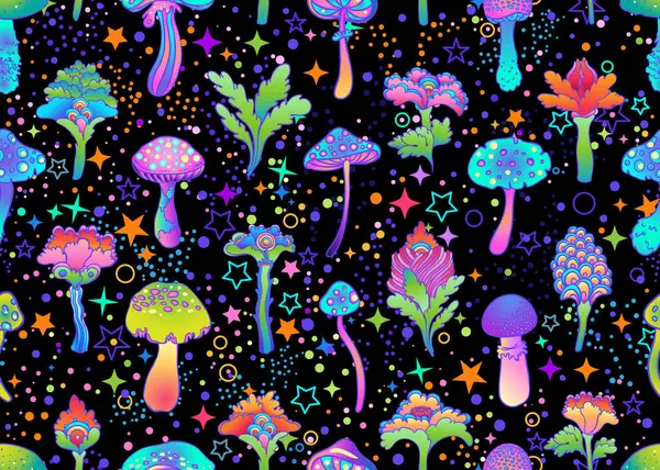 Magic Mushrooms Stars Seamless Pattern Psychedelic Hallucination 60S Hippie Colorful Vector Graphics
