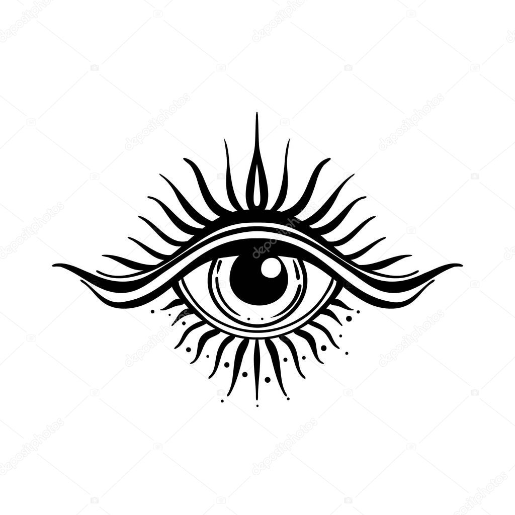 Blackwork tattoo flash. Eye of Providence. Masonic symbol. All seeing eye inside triangle pyramid. New World Order. Sacred geometry, religion, spirituality, occultism. Isolated vector illustration